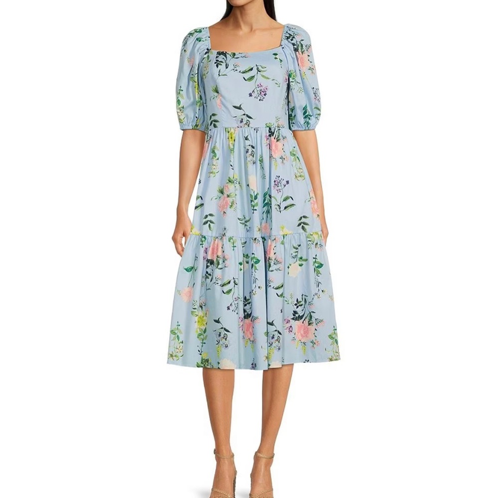 Floral Square Neck Short Puff Sleeve Flounce Hem Midi Dress